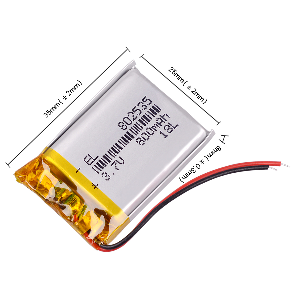 3.7v litium batteri 800 mah polymer batteri 802535 bluetooth dvr spiller dashcam opptaker registrar