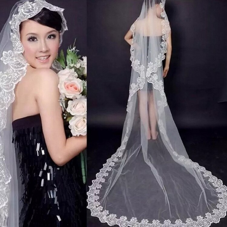 Jahrgang Elfenbein Eine Schicht 3 M Spitze Rand kathedrale hochzeit schleier Günstige veu de noiva longo Schleier mariage longue dentelle braut Schleier