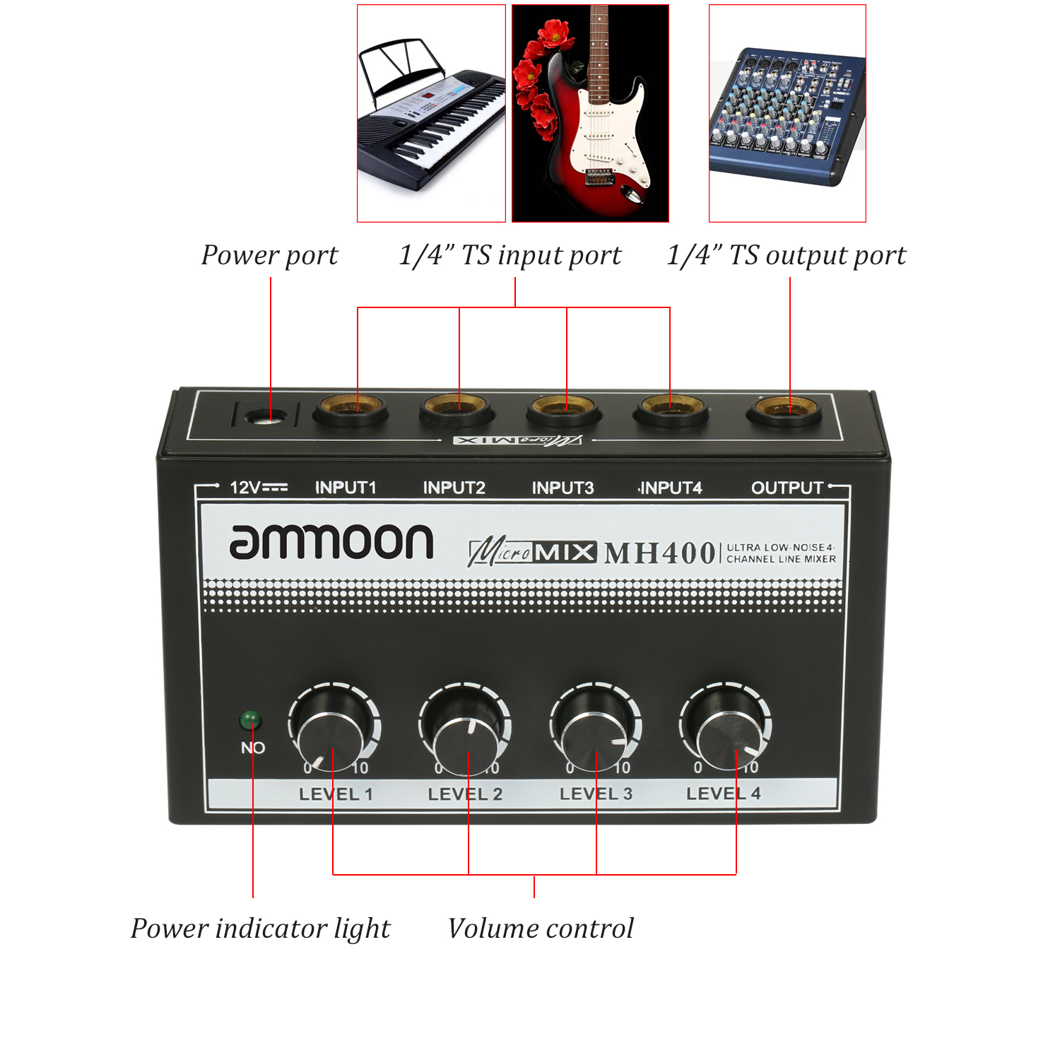 ammoon MH400 Ultra Low-Noise 4-Channel Line Mixer Mini Audio Mixer with 1/4-inch TS Inputs &amp; Output Volume Control for Guitar