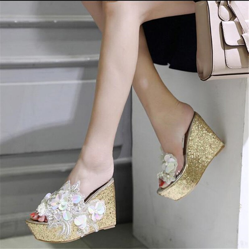 Zpxhsm zomer damesschoenen slippers zoete kralen bloemen hoge hakken mooie strass pumps casual schoenen  y191: Goud / 6