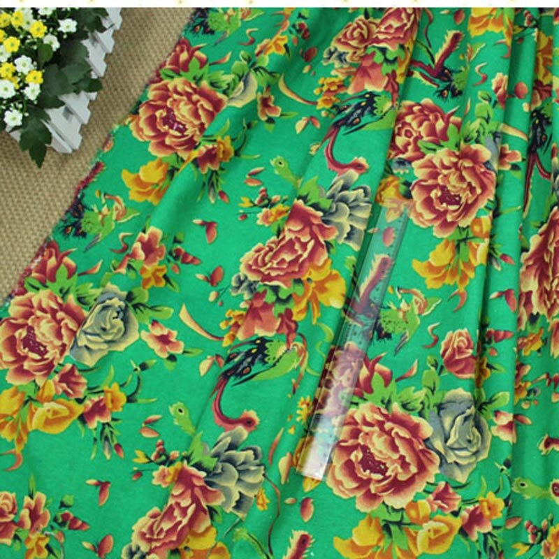 Tissu en coton/lin imprimé, fleur de pivoine Phoenix traditionnelle chinoise pour vêtements, textile de décoration patchwork: green / 250x140cm