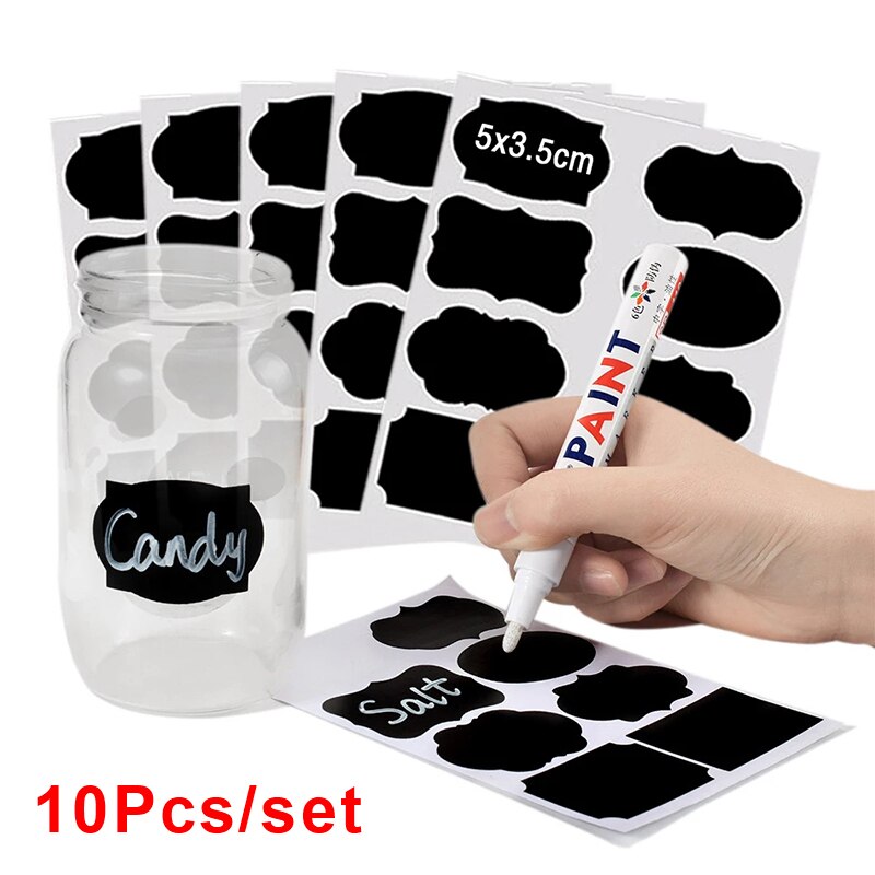 10PCS Reusable Label Stickers with Marker Pen Jam Spice Can Black Labels Kitchen Organizer Classification Condiment Stickers