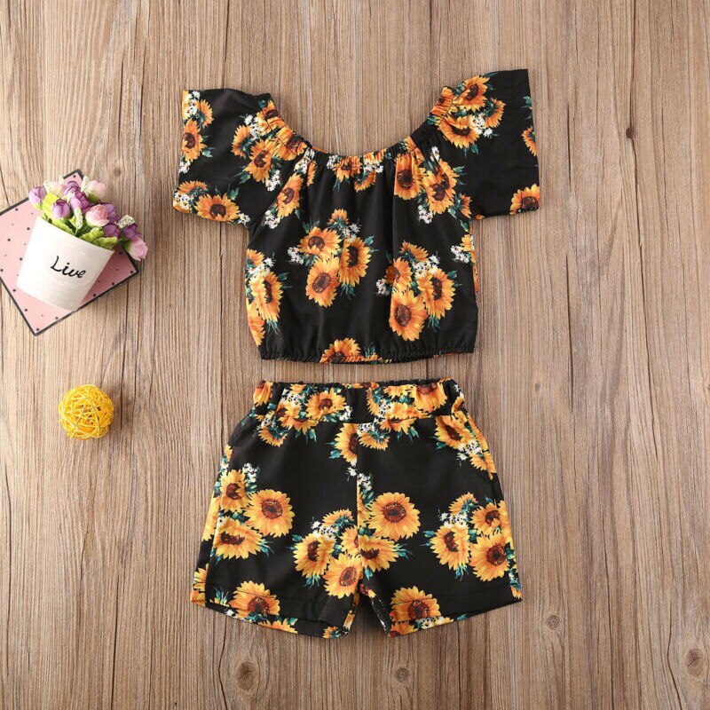 Ensemble deux pièces pour petites filles | Haut manches courtes, shorts, tenue d'été, motif floral