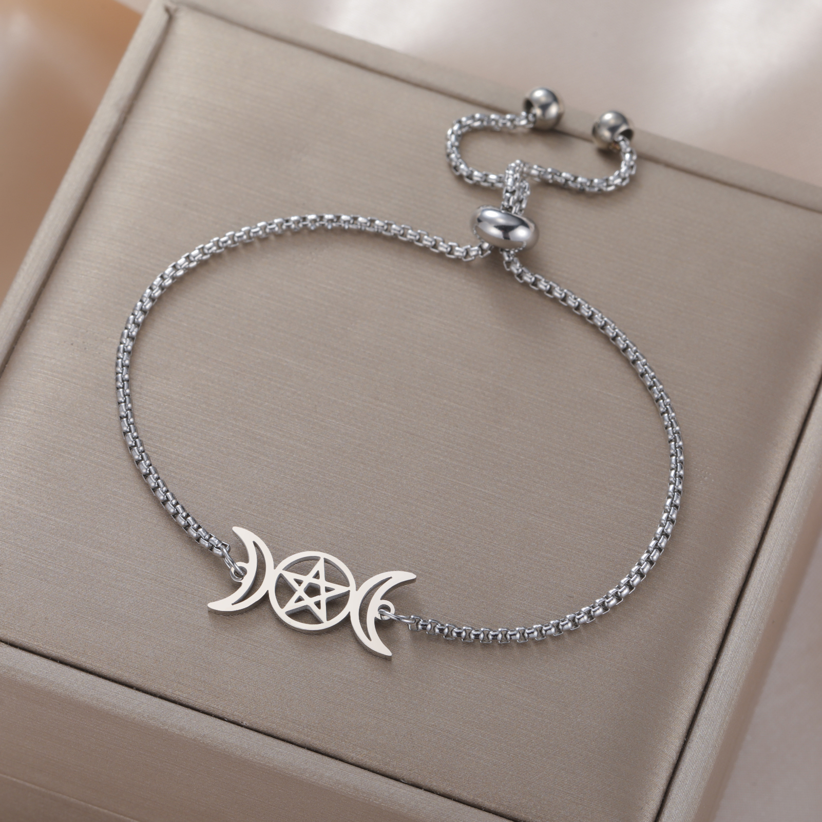 COOLTIME Triple Moon Goddess Bracelet for Women Men Stainless Steel Pentagram Magic Wicca Amulet Bracelet Jewelry Birthday