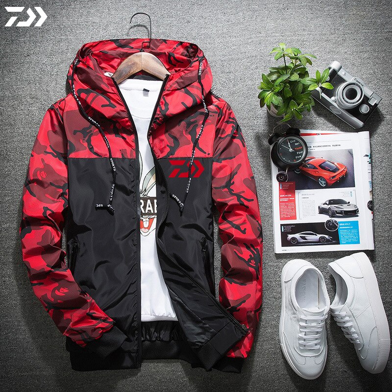 Dawai jakke utendørs sport fiske jakke hette fiskeskjorter vanntette fiskeklær fotturer camping kamuflasje klær: Rød / S