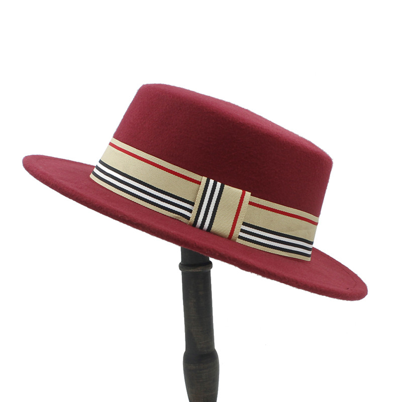 Frauen Männer Wolle Flache Homburg Filzhut Gentleman Schweinefleisch Kuchen Kirche Bootsfahrer Panama oben Kappen Gute Paket Größe 56-58 CM: Wein rot