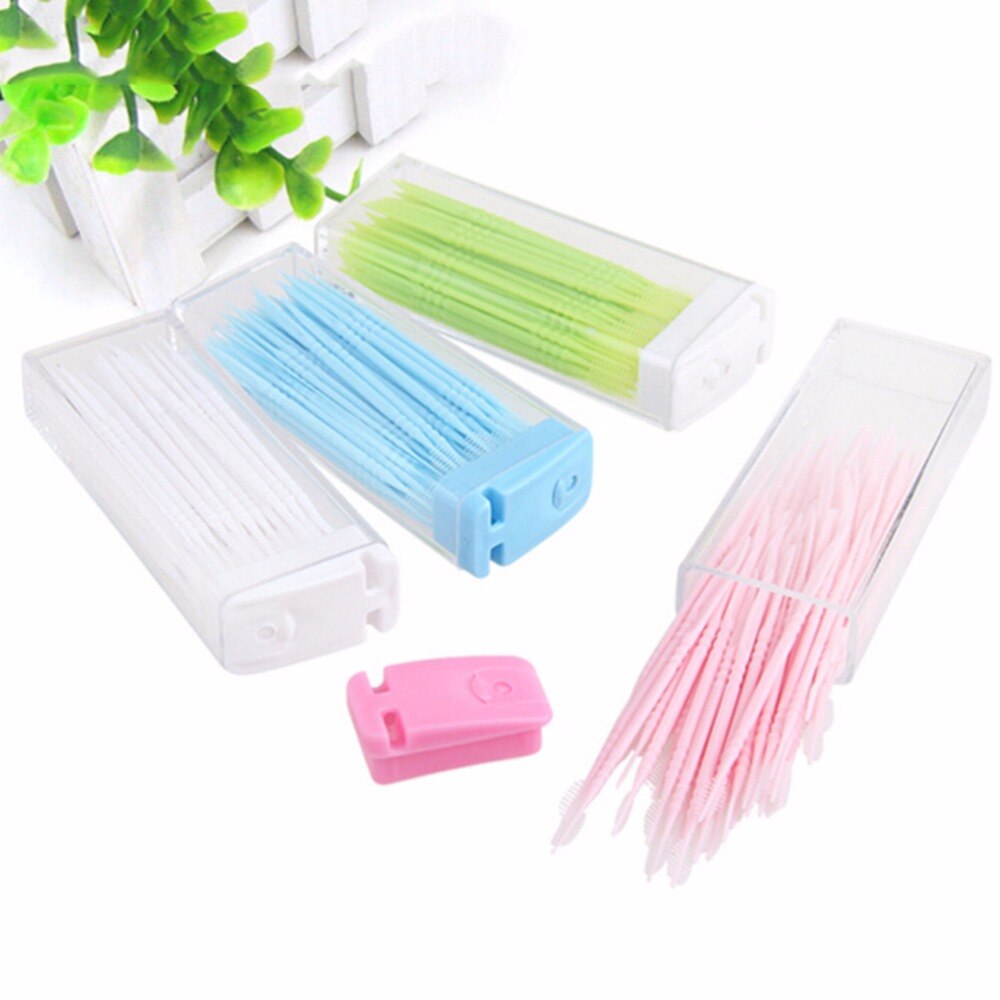 50 Stks/pak 2 Manier Oral Dental Plastic Tooth Pick Interdentale Borstel Tandenstokers Met Draagbare Case Kleur Willekeurige
