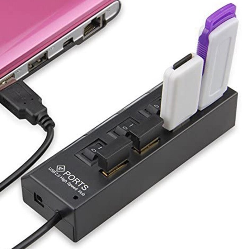4 Ports USB Hub Splitter USB 2.0 Hub LED with 4 ON/OFF Switches for Tablet Laptop Computer Notebook