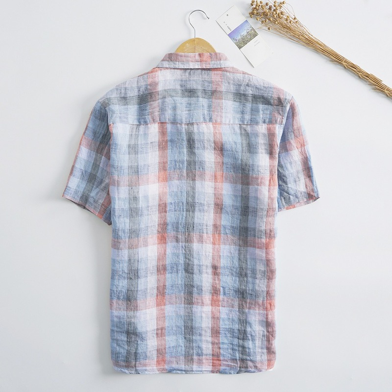 Männer Sommer Hemden 100% Flachs Plaid lässig Herren Kurzarm T Shirt Herren Kleidung Herbst Männlichen oben leinen Hemd