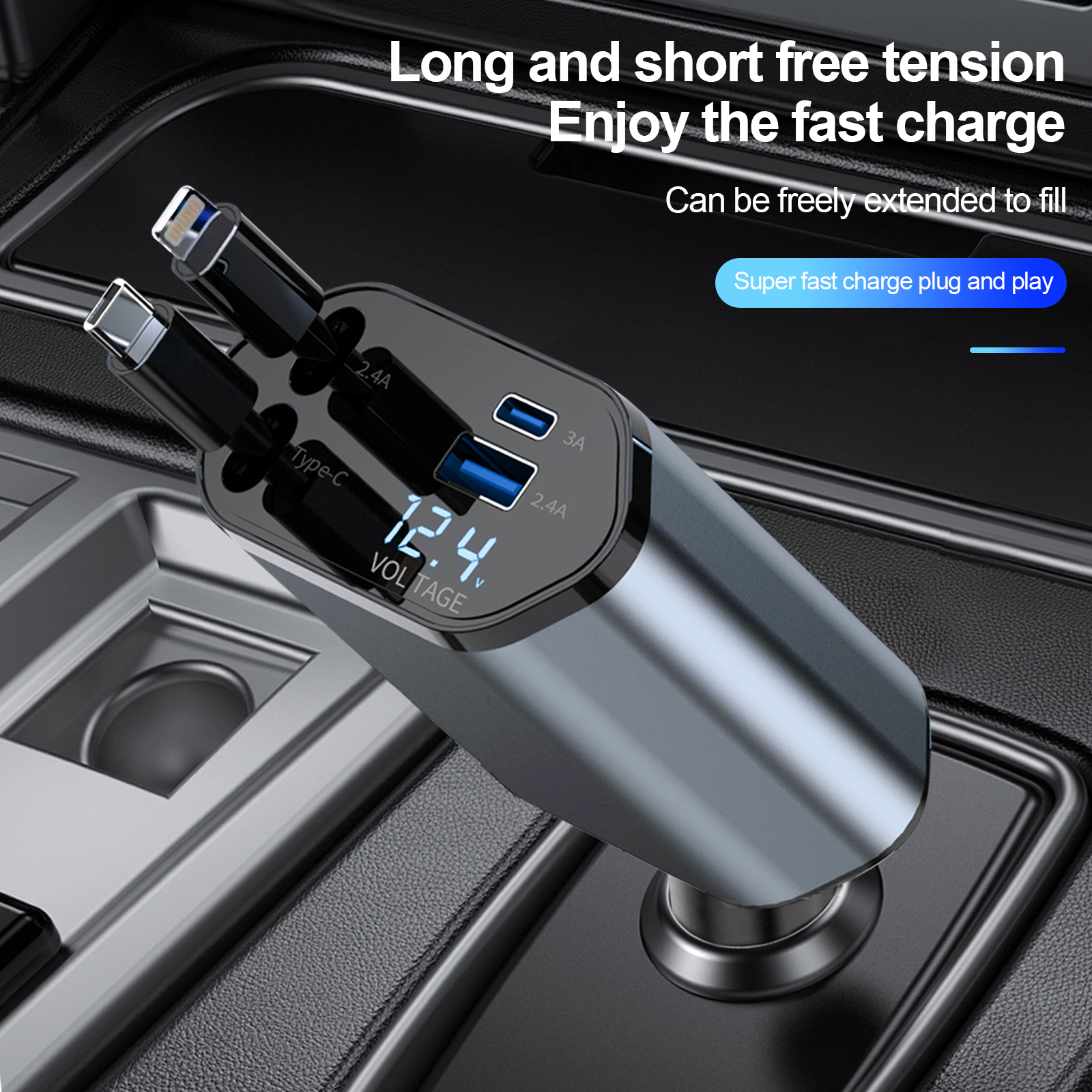 4 in 1 Retractable Car Charger, 100W Quick Charge with 2 USB Port, Retractable Iphone Charger & Tap-c Charger, Retractable Cable