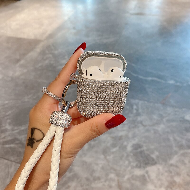 Glitter krystall diamant flettet håndledd tau silikonetui for apple airpods 1 2 pro 3 trådløs lading bluetooth headset deksel