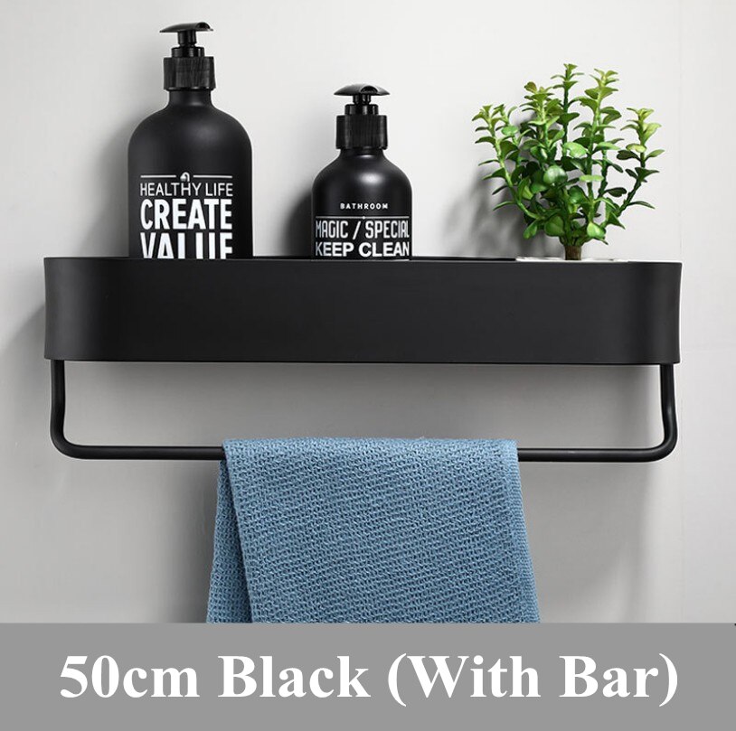 Plads aluminium sort badeværelse hylder køkken væg hylde bruser opbevaring rack håndklæde bar badeværelse tilbehør 30-50 cm længde: 50cm sorte med bar