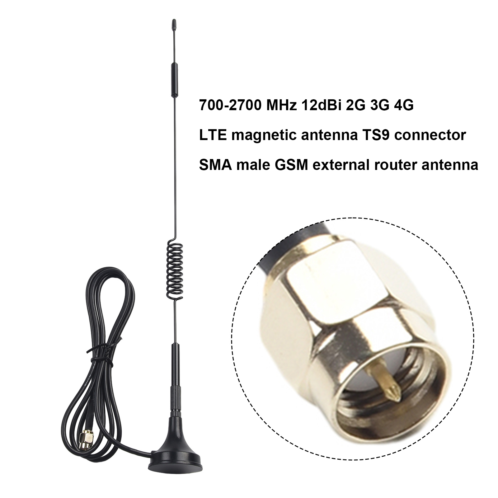 Universal For 4G LTE Antenna SMA Male Connector 700-2700MHz 12dBi GSM External Antenna CB Radio Magnetic Base Mounting 50W