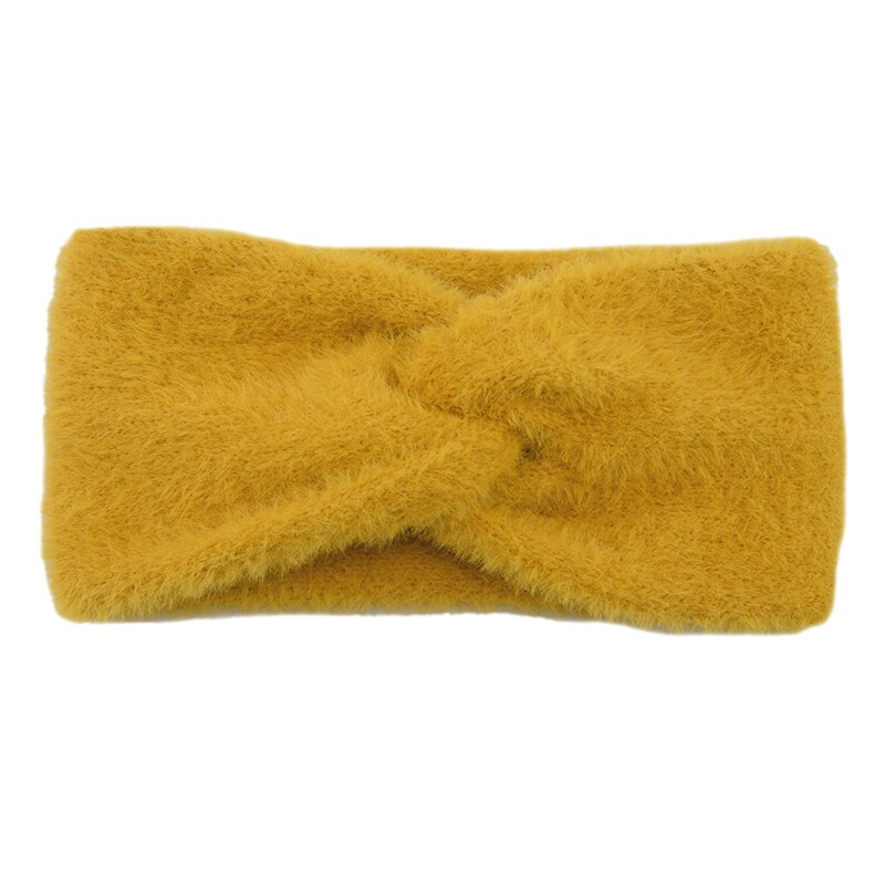 Diademas mullidas con nudo hechas a mano para mujer, bandanas de imitación de visón y Cachemira con lazo sólido, diademas sencillas con calentador de orejas, diadema para mujer: YELLOW