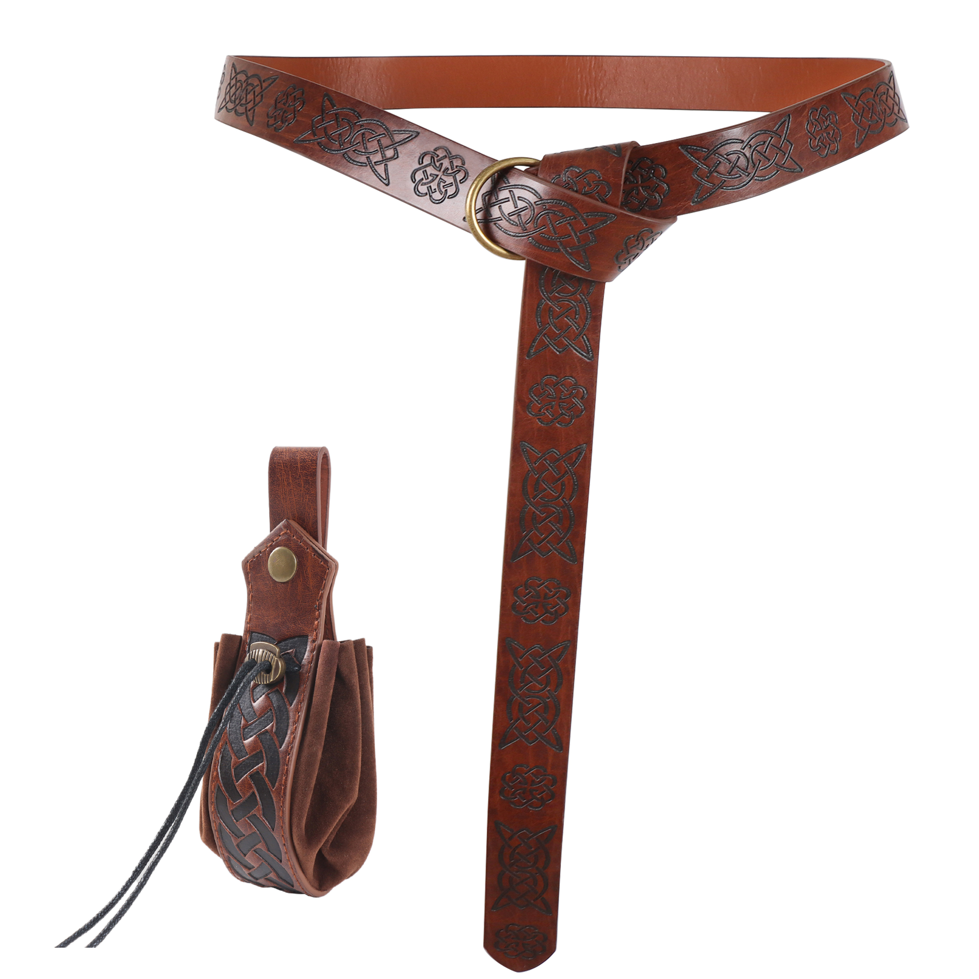 5PCS Halloween Costume Accessories Set Medieval Renaissance Knight Belt Viking Vintage Sac Cosplay Props Leather Waist Belt Set: Gold