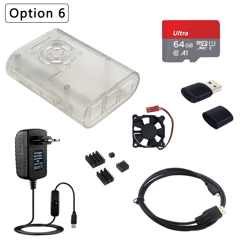 Raspberry Pi 4 Model B Case Abs Shell Plastic Huis Koelventilator Heatsink Hdmi-Compatibele Kabel Voeding Adapter voor Pi 4: Option 6