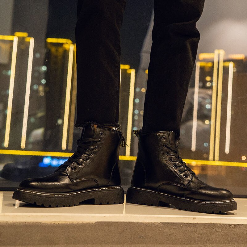 Boots Men&#39;s Winter Ankle Korean Version Student All-match Mid-Top Boots Men Waterproof Hight-Top Leather Shoes For Man