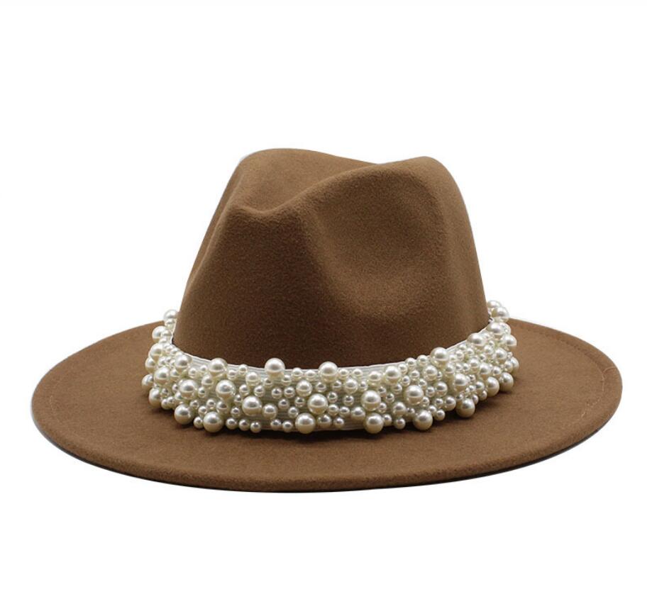 femmes hommes feutre Fedora chapeaux décontracté hommes femmes Imitation perle ruban bord Trilby formel casquette de fête: WYH-4907-16