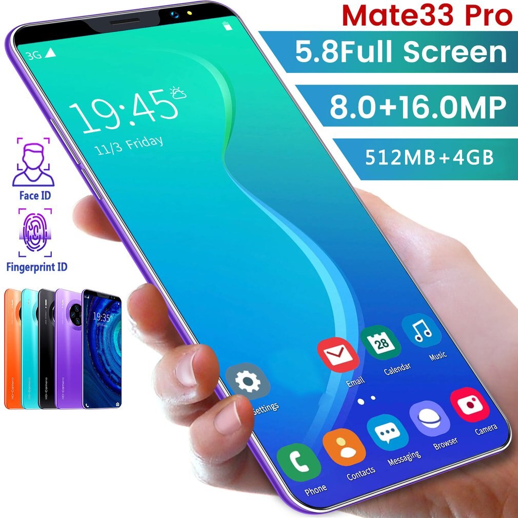 5.8 Inch Screen Mate33 Pro Smartphone with 512M+4GGB Large Memory Support Face/Fingerprint Unlock Dual SIM Mobile Phones