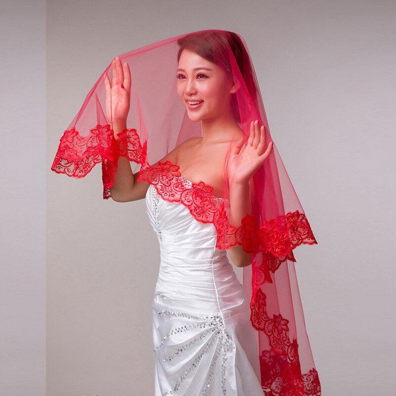 Voile de mariée monocouche dentelle broderie pour les femmes 1.5 M crypté Net mariage voile rouge coiffure bijoux
