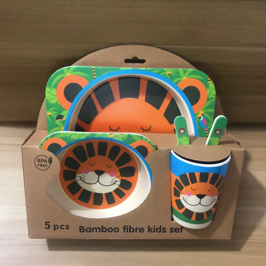 5pcs/set Baby Dish Tableware Children Cartoon Feeding Dishes Kids Natural Bamboo Fiber Dinnerware With Bowl Fork Cup Spoon Plate: Type 19