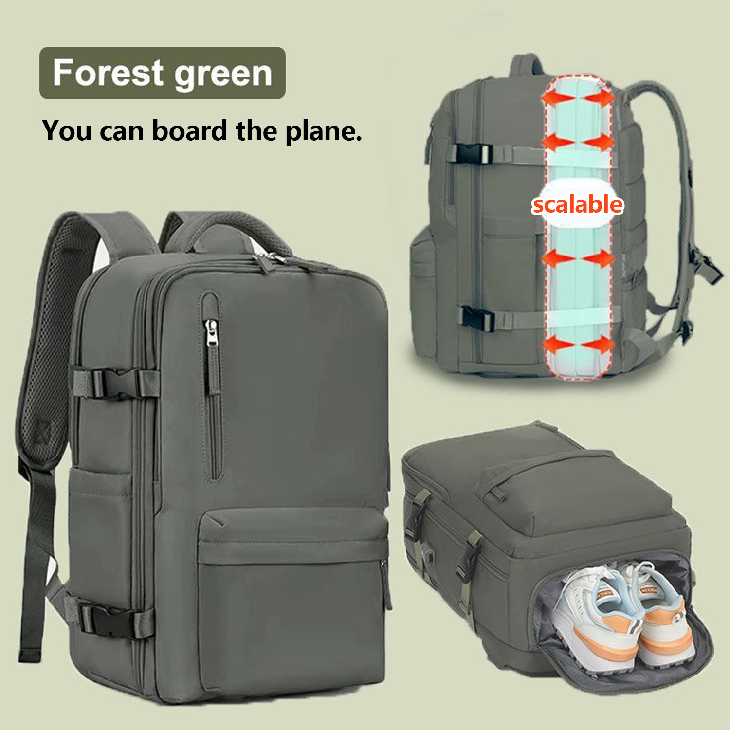 1 set of classic expandable travel backpacks that can hold a 17-inch (approx. 45cm in height) laptop bag: army green