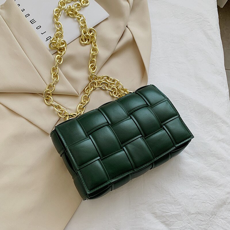 Weave Flap Women Shoulder Bag Solid Color PU Leather Crossbody Bags Female Messenger Handbag Purse: Dark Green