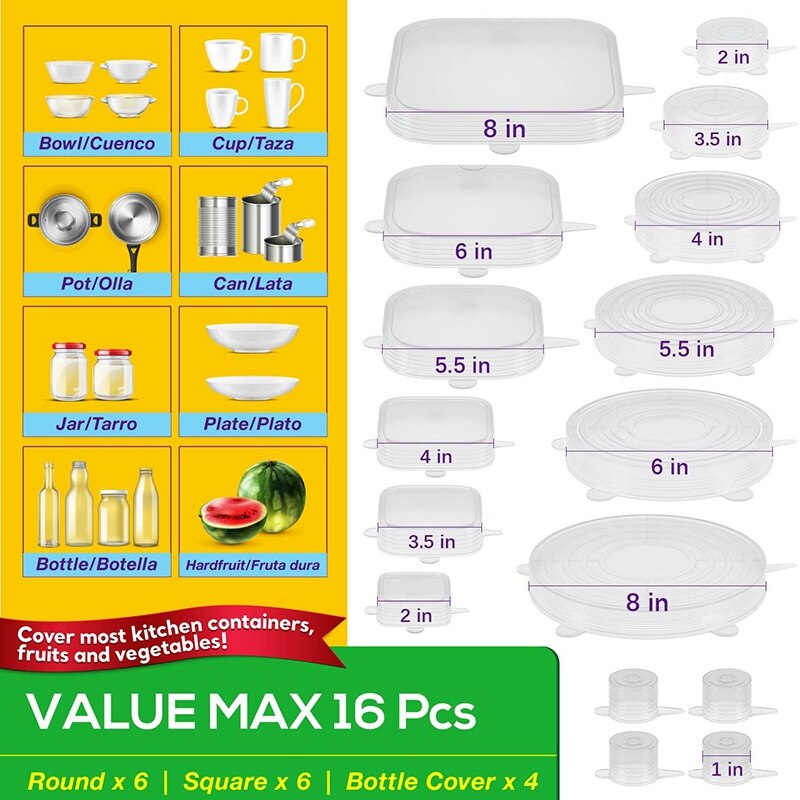 Big Silicone Stretch Lids 16 Airtight Magic Stretchy Lids for Food Storage and Fresh Keeping, Reusable Food Covers Huggers