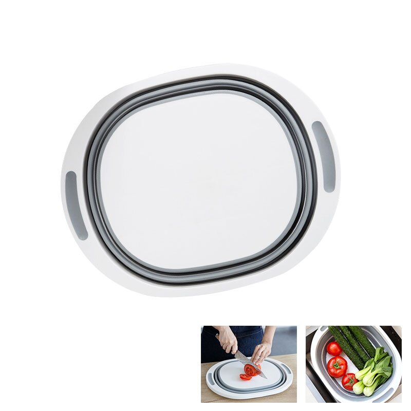 ZLCA Folding Cutting Board Basket Collapsible Dish Tub with Draining Plug Colander Fruits Vegetables Wash Drain Sink Storage: Gray A