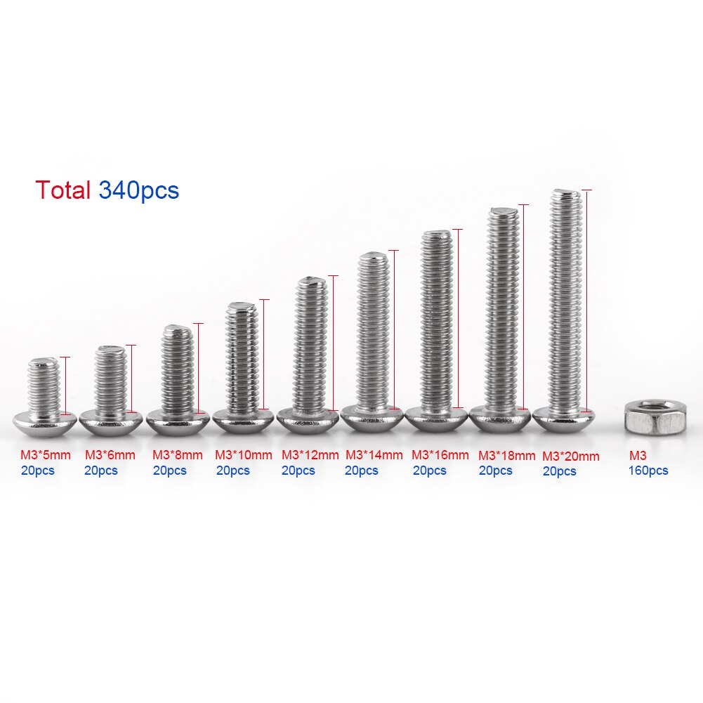 M3 Stainless Steel SS304 Button Head Hex Socket Screw Bolt Nut Assortment Kit Fastener Hardware 340pcs