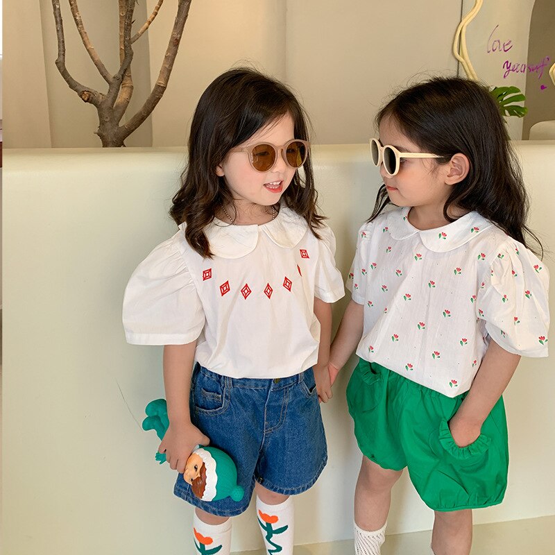 Deer jonmi 2022 Summer Baby Girls camicette carine manica corta ricamo stile coreano top camicie Casual per bambini