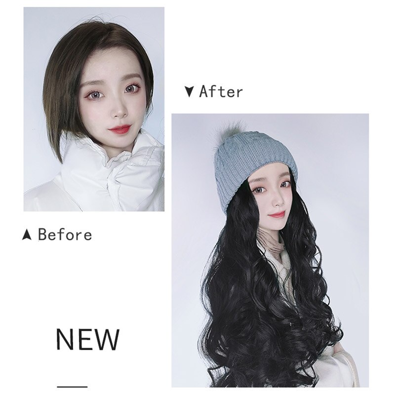 Peluca WEILAI de mujer de pelo largo de otoño e invierno coreano más terciopelo acolchado de punto de felpa Peluca de sombrero una mujer de pelo largo rizado ondas