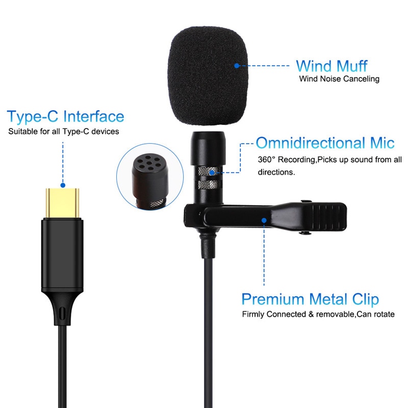 Mini micrófono tipo C de 1,5 m, micrófono de grabación con Clip para solapa, para Samsung S20, S10, S9, Huawei P40, P30, P20, Android