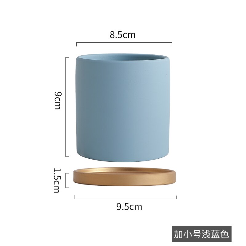 Eenvoudige, rechte, kleurrijke, cilindrische, keramische bloempot in europese stijl, vetplanten, bloemen, groene dillepot met gouden schaal: D -8.5cm