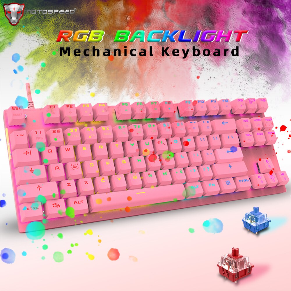 Oryginalna mechaniczna klawiatura gamingowa Motospeed CK82 USB przewodowa 87 klawiszy z podświetleniem RGB czerwony/niebieski przełącznik dla komputer stancjonarny Gamer