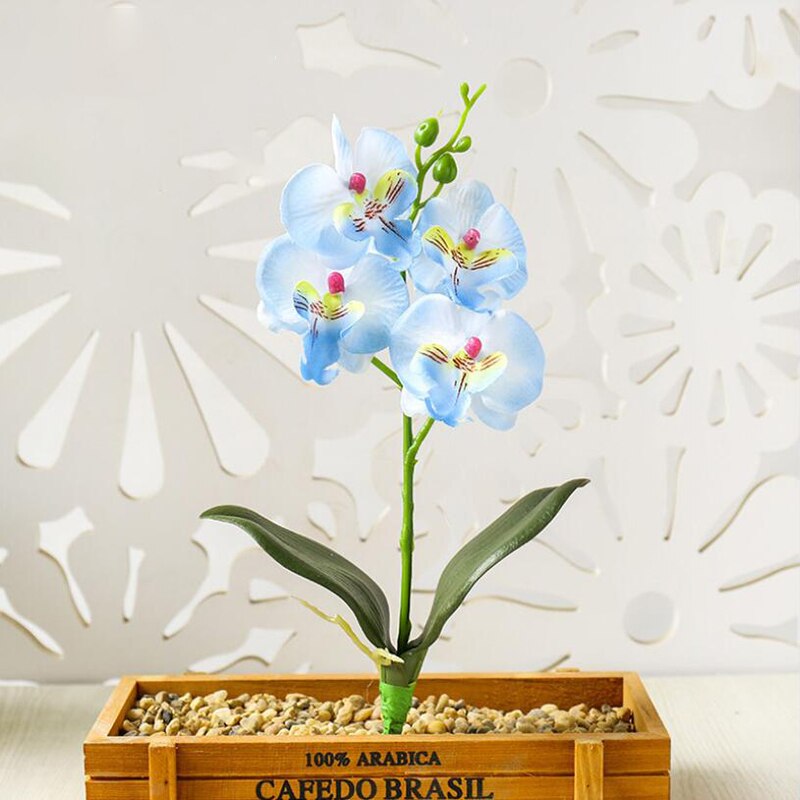 Three Flowers Butterfly Orchid Artificial Flower Pot Plant Plastic Flower Branch Phalaenopsis Family Table Office Decoration: Blue