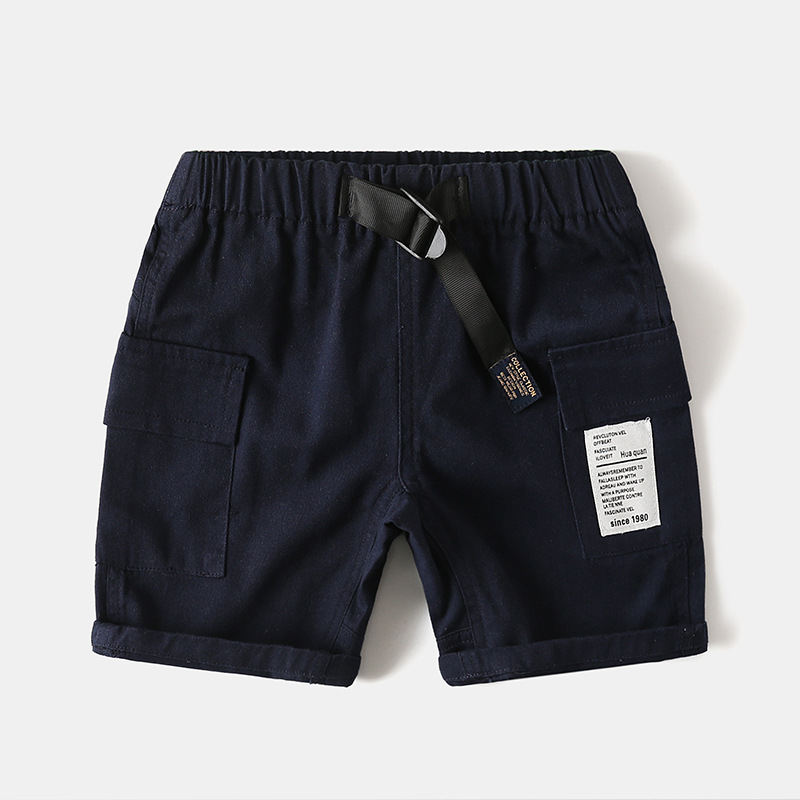 Pantalones cortos informales de algodón para niños, Pantalón Cargo hasta la rodilla, con cintura elástica, ropa de verano: Navy / 90(2T)