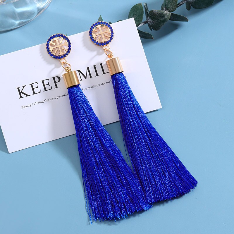 Bohemian Tassel Earrings for Women Cotton Silk Fabric Long Fringe Dangle Earrings Party Female Jewelry: Blue 6