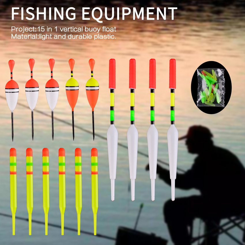 Boya Vertical de pesca marina, flotadores de tamaño surtido para la mayoría de los tipos de pesca con gomas de fijación, Señuelos de Pesca, 1 Juego (15 Uds.)