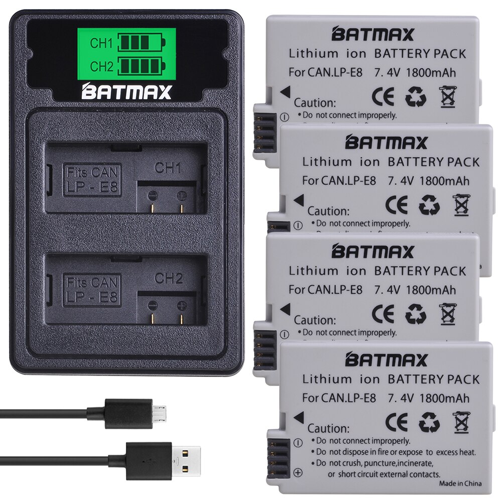Batmax LPE8 LP-E8 LP E8 Battery+LCD USB Dual Charger with Type C Port for Canon EOS 550D 600D 650D 700D Rebel T2i T3i T4i T5i: 4B with charger