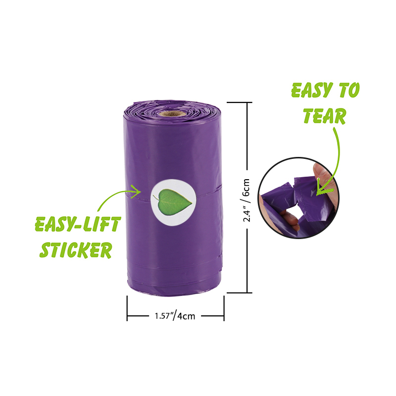 Roll of 15 Pcs Purple Dog Poop Bag With Handle Scented Poo Bag Degradable Cat Waste Bags