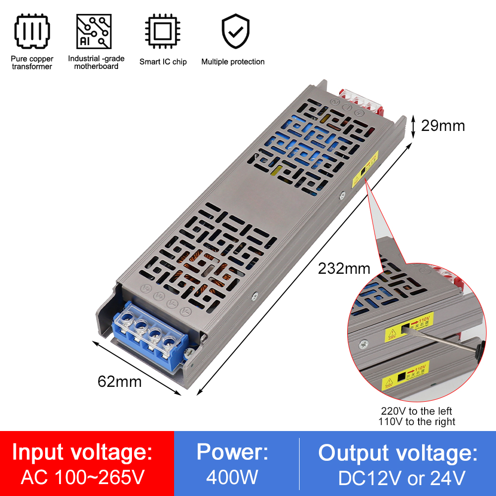 Full Watt Led Voeding Koperen Omhulsel Stille Ac Naar Dc 110V 220V Converter 60W 100W 200W 300W 400W Led Transformator 12V 24V: GRIJS / 230v