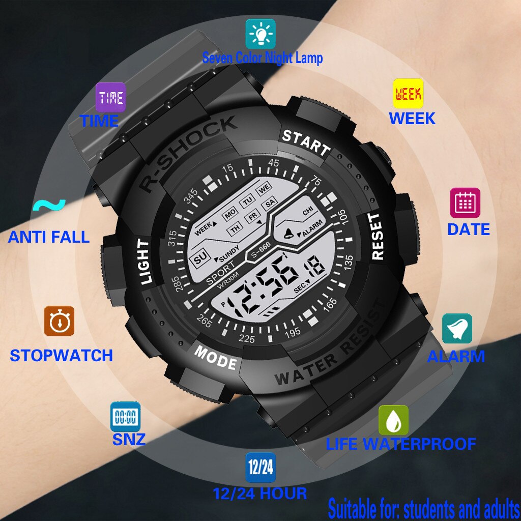 Mode Waterdichte Mannen Jongen Lcd Digitale Stopwatch Datum Rubber Sport Polshorloge Relogio Masculino Curren Horloge Reloj Hombre