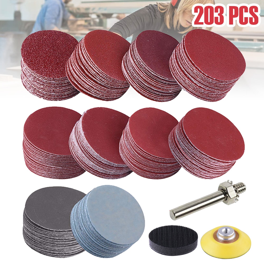 203pcs Set 2" Sandpaper Sanding Discs Hook Loop Sanding Paper Buffing Sheet 240/320/400/600/800/3000 Grit Sander Polishing Pads