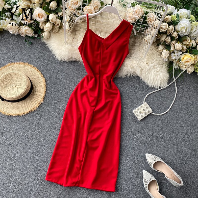 Yuoomuoo rød en skulder kærv krave split bodycon kjole dobbeltradet kvinder fest sommerkjole