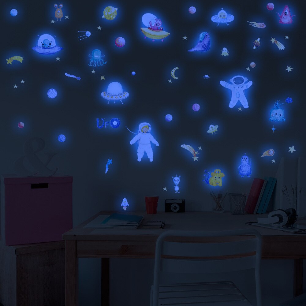 Ruimte Astronaut Alien Gloeiende Stickers Set Home Decor Muur Glow In Dark Sticker Slaapkamer Baby Woonkamer Decoratie