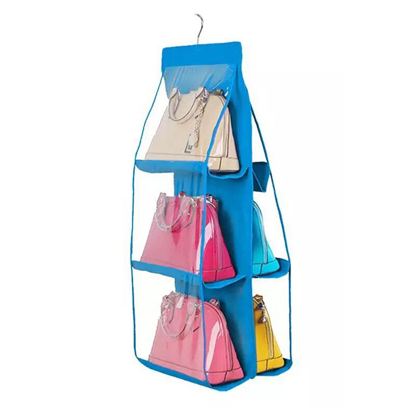 Dobbelt sider hængende opbevaringspose garderobe skab bøjle håndtaske holder arrangør til taske tøj sko: Blå