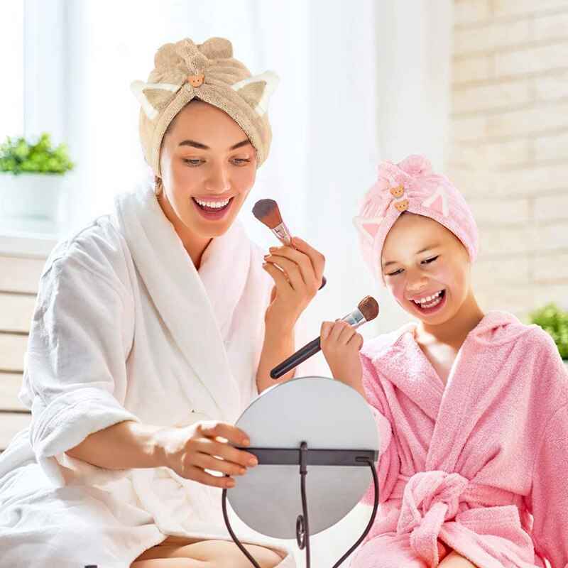 Quick Dry Hair Towels Women And Child Cute Cat Ear Super Absorption Thicker Microfiber Turban Towels With Bear Buttons