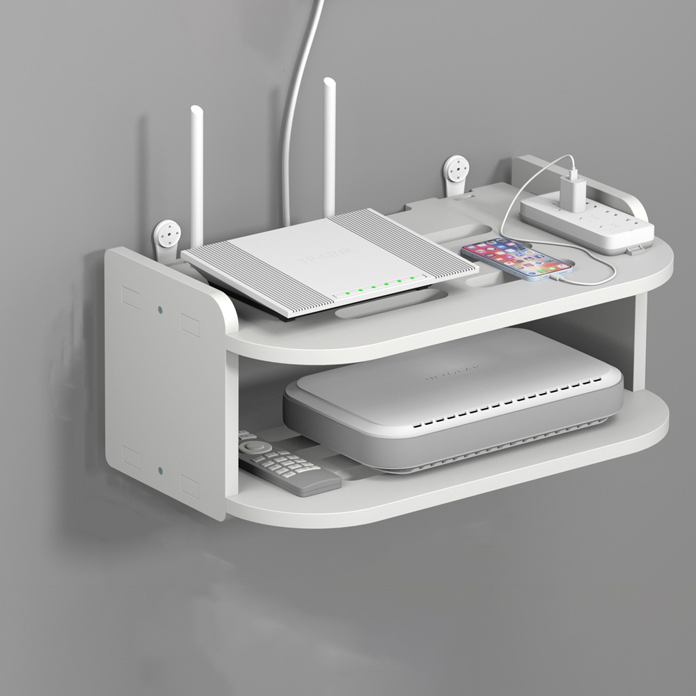 Wandmontiertes Router-Regal aus Kunststoff, 2/3 Schichten, Stark belastbar, 2-lagiges Wandregal, platzsparender WLAN-Router-Aufbewahrungshalter: Licht Grau