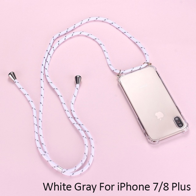 Strap Cord Chain Phone Tape Necklace Lanyard Mobile Phone Case for iPhone 7Plus 8Plus Carry Cover Case to Hang On Apple 7+ 8plus: White Gray